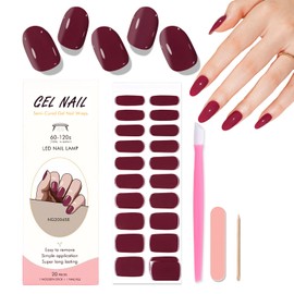 WOKOTO Semi Cured Gel Nail Strips, 20 Pcs Burgundy Red Semi Cured Gel Nail Art Stickers Full Wraps with Nail File & Wood Stick, UV Light Required, Salon Quality, Easy to Apply&Remove