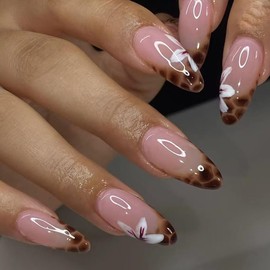 Almond Press on Nails Medium Fake Nails with Flower Designs Press on Almond Nails Glossy Glue on Nails Leopard Print French Tip Nails Nude Pink Acrylic Nails Full Cover Stick on Nails for Women 24PCS