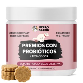 Formula Avanzada de Probióticos para Perros, ayudan a la Salud intestinal, la diarrea Ocasional, la Salud digestiva y Las alergias estacionales. 30 premios Suaves de Avena y linaza.