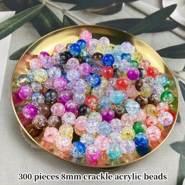300pcs Crackle Acrylic Beads 8mm Crystal Acrylic Beads for Jewelry Making Round Spacer Beads Acrylic Crafts Beads Bulk Beads for Necklace Bracelet Earrings DIY Jewelry Decoration(Mix Colors)