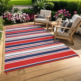 GarveeHome Outdoor Rug Mat for Patio, 8x10 Plastic Straw Rug, Modern Striped Outdoor Camping Rugs for Patio, RV, Porch, Deck, Backyard, Balcony, Camping, Trailer (Red Blue)