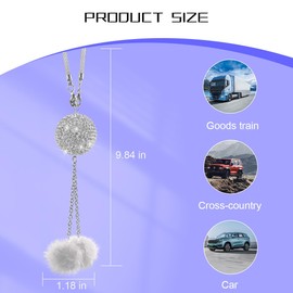 Sandfren Bling Car Hanging Ornament for Rearview Mirror, Crystal Rhinestones Fuzzy Plush Ball Vehicle Mirror Hanging Charm, Diamond Auto Interior Rear View Decor Pendant, Universal Fit (Light Gray)