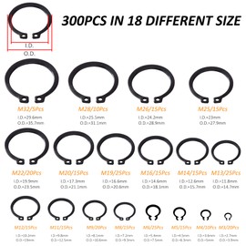 Tunejoy Circlips Carbon Steel C Clip Snap Ring Outdoor Inner Seeger Ring Assortment 18 Sizes 3 mm - 32 mm with Box 300 Pieces