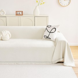 hyha Couch Cover for Dogs, Boho Sofa Covers for 3 Cushion Couch Washable, Chenille Sofa Slipcover for Pets, Soft Loveseat Sectional Couch Throw Blankets with Tassels (Beige, 71x134 Inch)