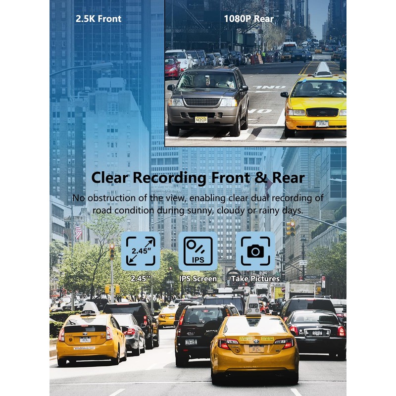 Dash Cam Front and Rear, 2.5K+1080P Dual Dash Camera for