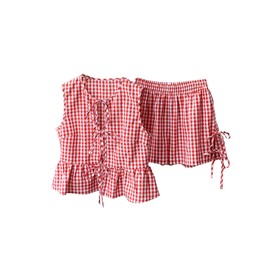GORGLITTER Women's 2 Piece Outfits Summer Plaid Gingham Bow Tie Front Ruffle Tank Top Wide Leg Shorts Sets Red Small