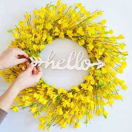 TOKCARE Spring Summer Wreaths for Front Door, 22 inch Yellow Forsythia Door Wreath with Hello Sign for Home House Farmhouse for Front Door Wall and Porch Decorations Gifts