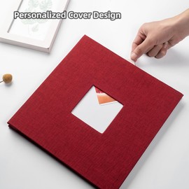 HoneyTolly Large Photo Album Self Adhesive with Picture Display Window, DIY Scrapbook Album for 4x6 8x10 Pictures, 40 Pages Linen Cover Memory Book with Scraper and Metallic Pen(Red)