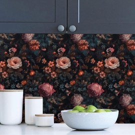 REDAMANCY Pink/Orange Black Roses Floral Vintage Oil Painting Peel and Stick Wallpaper Stick on Contact Paper Vintage Wall Paper Easy Peel Off for nightstand Drawer Cabinet Renter