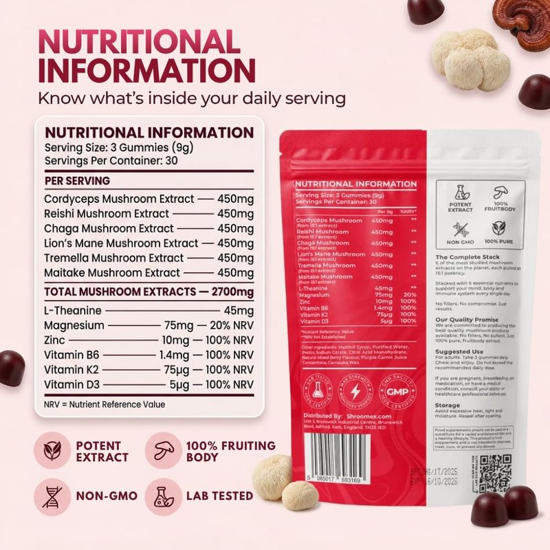 12-in-1 Mushroom Gummies 2,700mg with Lion's Mane, 90 Gummies