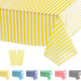 POPOYU 2Pcs Yellow Stripe Table Cloth,Yellow and White Table Covers,137 * 274cm Birthday Party Rectangular Dining Table Cover Plastic Tablecloths for Picnic,Christmas,Birthday Party Decoration