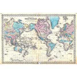Historic Map - 1855 Colton's Map of The World on Mercator's Projection - Vintage Wall Art - 24in x 16in