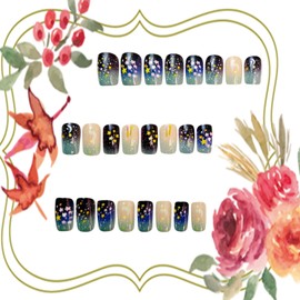 LOPMNGHT Press on Nails Mediun Ballet Shaped Stars Moon Glitter Sequins Design Colorful Gradient Acrylic False Nail Artificial Stick on Nails Glitter Manicure Glossy Reusable Glue on Nail for Women