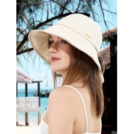 Women Sun Bucket Hat Ponytail Hole with Bow Tie Waterproof Ultra Wide Brim Beach Hat UV Protection UPF 50+(One Size,Beige)