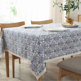 Bringsine Washable Cotton Linen Fabric Vintage Navy Damask Pattern Decorative Macrame Lace Rectangle Tablecloth Dinner Picnic Table Cloth Home Decorative Oblong Table Cover Assorted Size