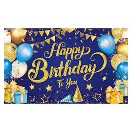 Birthday Banner Decoration, Blue and Gold Happy Birthday Background Poster, Birthday Banner Decoration, Birthday Decoration, Photo Background Poster, Birthday Party Decoration, 110 x 185 cm
