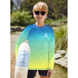BesserBay Big Boys Blue Green Yellow Gradient Breathable Rashguard UPF 50+ Summer Long Sleeve Sun Vest 11-12 Years