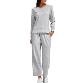 YETOWA Women’s Air Layer Fabric 2 Piece Set Stylish Long Sleeve Top & Wide Leg 3/4 Pants Lounge Matching Tracksuit