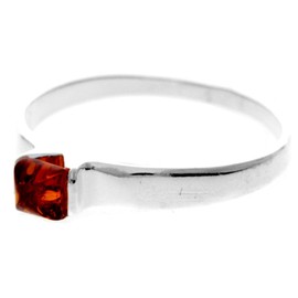 Silver Amber Jewellery - 925 Sterling Silver and Cognac Baltic Amber Classic Square Stone Designer Ring - UK Rng Size P - 7497P