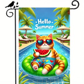 BlissYard Hello Summer Cat Garden Flag 12x18 Double Sided Small Beach Pool Yard Tropical Palm Tree Ocean Sea Outside Outdoor Decoration Seasonal Yard Decoration