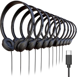 10 Pack Bulk Wired Headphones, Leather, USB-C, On-Ear, Compatible with Phone, Tablet, Laptop, PC for School, Online Class, Meeting, Web Conference, Practice, Test, Black