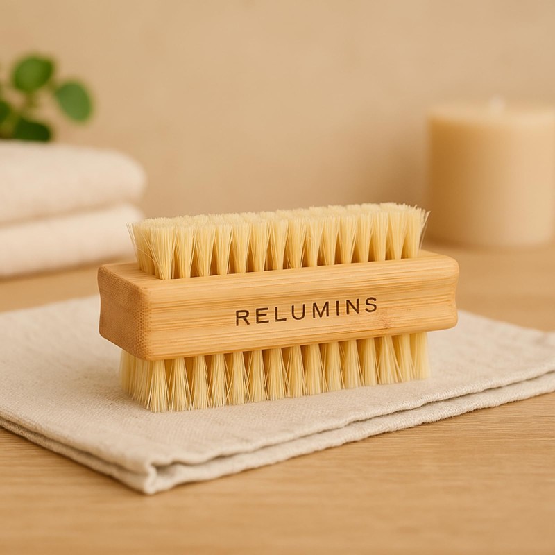 Relumins Dual Sided Nail Brush Bamboo Handle Bristle Exfoliating Tool