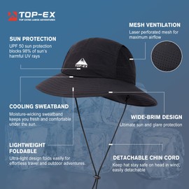 TOP-EX Breathable Sun Hats for Men Waterproof Brim Bucket UPF50+ UV Protection Boonie Beach Fishing Hiking Golf Packable Gifts Big Head Large XL L Black