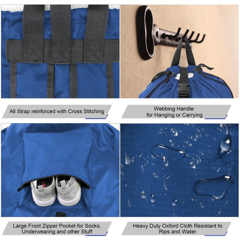 BeeGreen Laundry-Bag-Backpack-Heavy-Duty, Royal Blue Nylon Drawstring Portable Laundry Backpack Tall