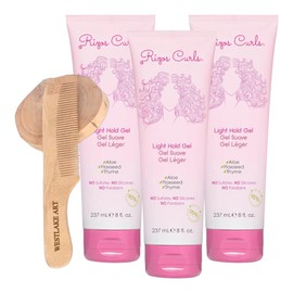 Rizos Curls Light Hold Hair Gel, 8 Oz, Bundled With Wooden Comb - Hair Gel For Curls, Voluminous Curls, Hair Frizz Gel Control, With Aloe Vera & Flaxseed, Combats Humidity [Pack Of 3]