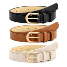 WHIPPY 3 Pack Womens Thin Leather Belts for Jeans Dress Fashion Ladies Skinny Waist Belt with Gold Buckle Black Brown Beige XS