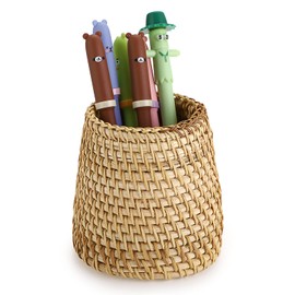 JuxYes Handmade Rattan Pens & Pencil Holder for Desk - WovenWoven Pen Cup Desktop Organizer For Office Supplies Wicker Makeup Brush Holder Straw Storage Tube(Cone)
