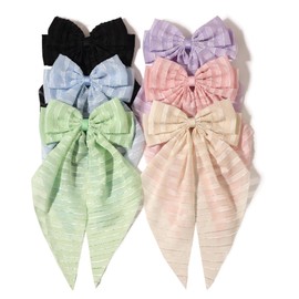Furling Pompoms Hair Bows for Women, Hair Ribbon Bows Girls Hair Clips with Long Tail Tulle Striped Big Bows Hair Accessories for Women Pack of 6