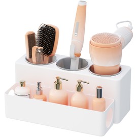 Lifewit Hair Tool Organizer, Removable Hair Dryer Holder Countertop, Acrylic Hot Tools Organizer with 3 Stainless Cups for Curling Iron, Straightener, Hairbrush, Makeup Accessories in Bathroom, White