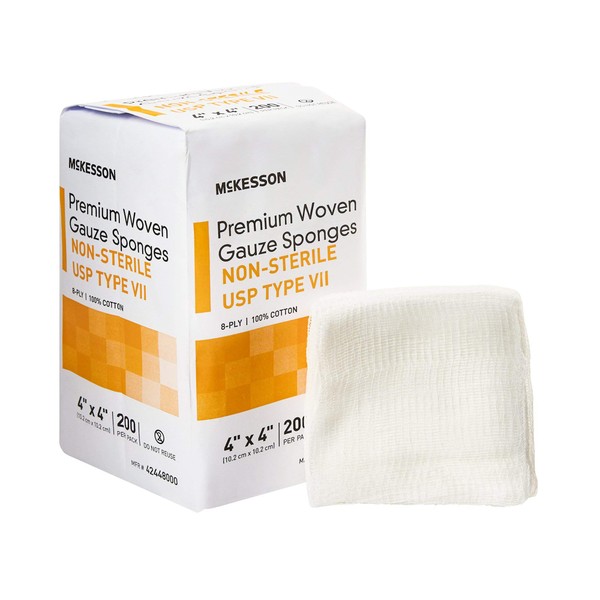McKesson Premium Woven Gauze Sponges, Non-Sterile, 8-Ply, USP Type VII, 100% Cotton, 4 in x 4 in, 200 Per Pack, 1 Pack