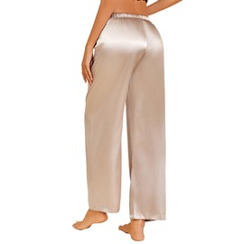 Ekouaer Womens Silk Satin Pajama Pants Casual Loose Lounge Pants Drawstring Elastic Waist Wide Leg Pj Bottoms with Pockets, Champagne, Medium