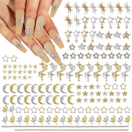 Umillars 152Pcs Alloy Star Moon Nail Charms Nail Gems Nail Stones Nail Jewels Accessories Nails Planet Bow Nail Decorations for Nail Design Nail Art Supply(152pcs Gold Silver Star Moon)