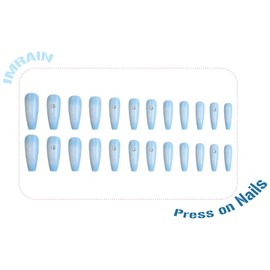 IMRAIN Blue Press on Nails Long Coffn Fake Nails with White Ombre Designs Full Cover Glossy Glue on Nails Acrylic Ballerina Nail Supplies Stick on Nails for Women Girls 24Pcs