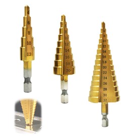 MHSKNHW Hexagonal Shaft Step Drill Set, Bearing Steel 3 Piece Set (4-32, 5 Steps, 4-20, 9 Steps, 4-12, 15 Steps), Spiral Drill, For Drilling and Expanding, DIY Tool, Storage Bag Included