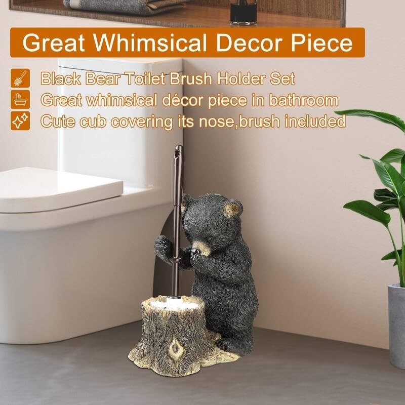 Black Bear Toilet Brush Holder - Resin Cub Covering Nose,
