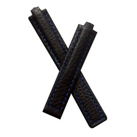 Watchstrapworld Black Buffalo Grain leather deployment watch band with blue stitching to fit TAG Heuer Kirium Ladies watches as listed