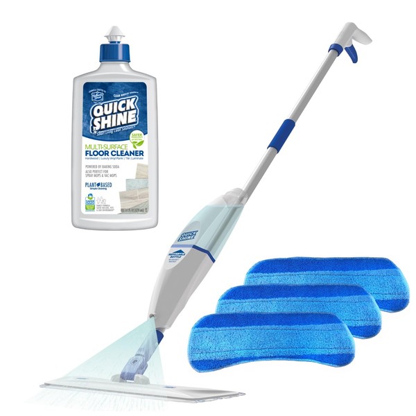 Quick Shine Spray Mop Kit with 3 Reusable Mop Pads & 1 Safer Choice Multi-Surface Floor Cleaner 16oz | Quick & Easy Cleaning | No Batteries Required | Refillable Cleaning Cartridge,White