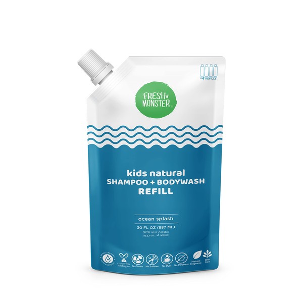 Fresh Monster 2-in-1 Kids Shampoo & Body Wash, Toxin-Free, Hypoallergenic, Natural Shampoo & Body Wash for Kids, Ocean Splash (30oz Refill Pouch)