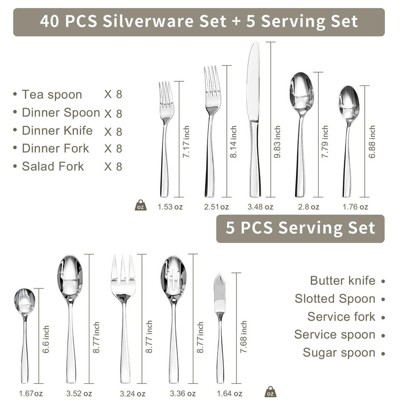 HIKAA 45-Piece Silverware Set with Organizer, Heavy Duty Stainless Steel