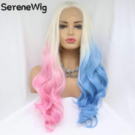 60 Blonde Ombre Half Pink/Half Blue Lace Front Wigs for Women Harley Quinn Wig Cosplay White Blonde Ombre Synthetic Realistic Looking Natural Wavy Ombre Wigs UK 22Inches Heat Safe (24")