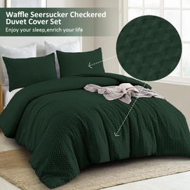 Emerald Green Duvet Cover Set for All Season Waffle Seersucker Bedding Set with 2 Pillowcases Checkered Puckering Microfibre Duvet Cover Double 200×200 cm