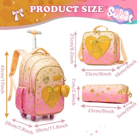 Kids Bowtie Heart Rolling Backpack for Girls Trolley Suitcases Luggage Travel with Wheels Bookbag Wheeled 17" 3PCS Roller Backpacks School Bags Set for Elementary Yellow-Pink Gradient