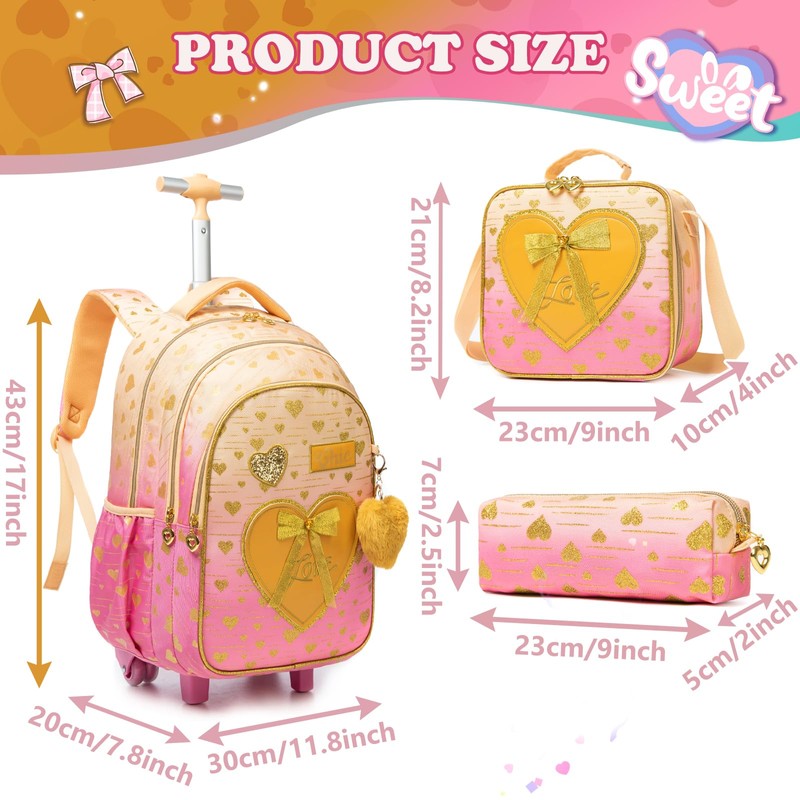 Kids Bowtie Heart Rolling Backpack for Girls Trolley Suitcases Luggage