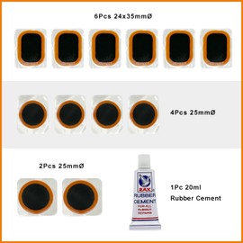 PAX 14Pcs Punctured Tube Tire Repair Patch Kit, Contains 6Pcs 24x35mmØ/ 4Pcs 25mmØ/ 2Pcs 32mmØ Tube Patches, Puncture Tire Repair Kit for Motorcycle, Scooter, Bicycle, Inflatable Rubber