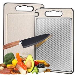 Double Sided Cutting Board for Kitchen, 304 Stainless Steel Cutting Board, 14.4"*9.8" and Wheat Straw PP, Juice Grooves, Non Slip, Reversible Chopping Board Easy to Clean, Dishwasher Safe
