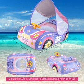 Baby Pool Float with Canopy, PVC Baby Swim Float with Sun Shade Cover, 3D Car Toddler Pool Float Swimming Floats Seat Boat for 12-18, 12-24 Months, Age 2-3, 3+ Years (Pink Canopy)